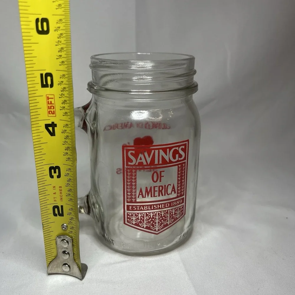 Vintage Savings Of America Mason Jar Seniors Red Americana Clear Writing Banking